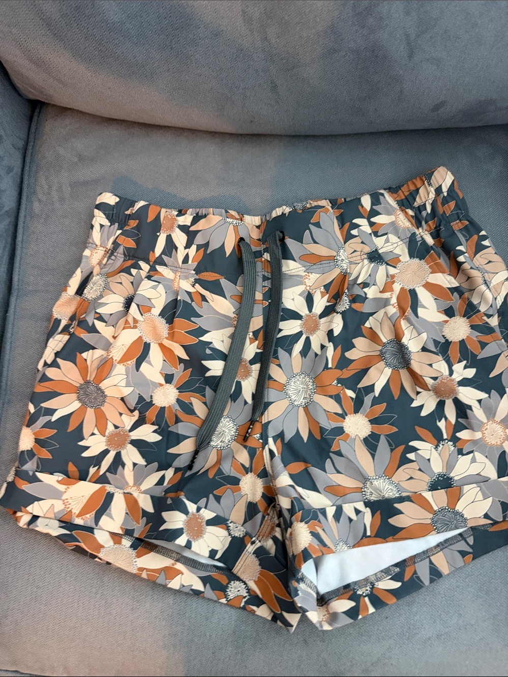 Kavu Floral Drawstring Athletic Shorts - Gray, Cream & Tan